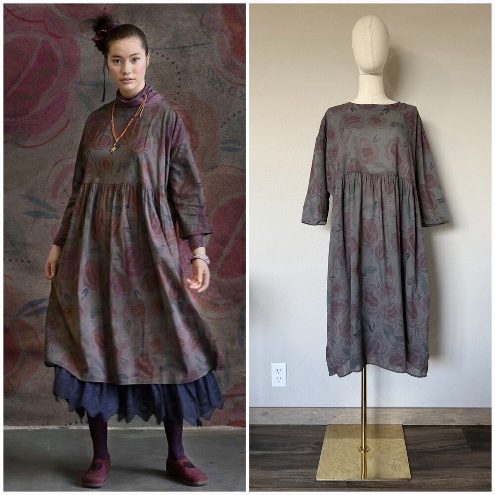 Gudrun Sjoden Womens Sz S Floral Dress Gray Printed 3/4 Sleeve Organic Cotton